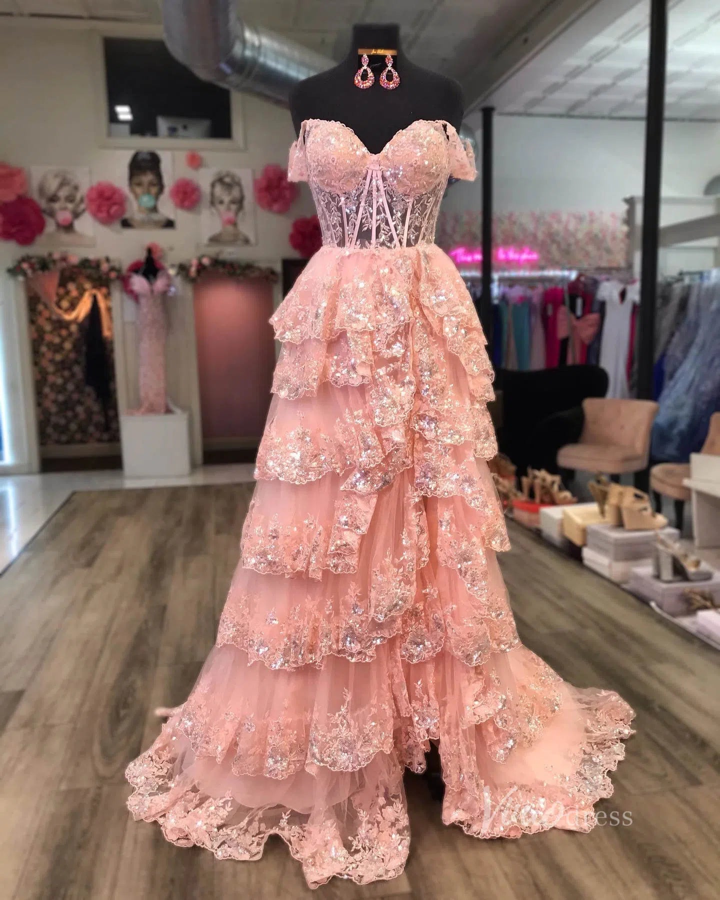 Lavender Sparkly Sequin Lace Prom Dresses with Slit, Tiered Ruffle Gowns with Straps FD3636-prom dresses-Viniodress-Pink-Custom Size-Viniodress