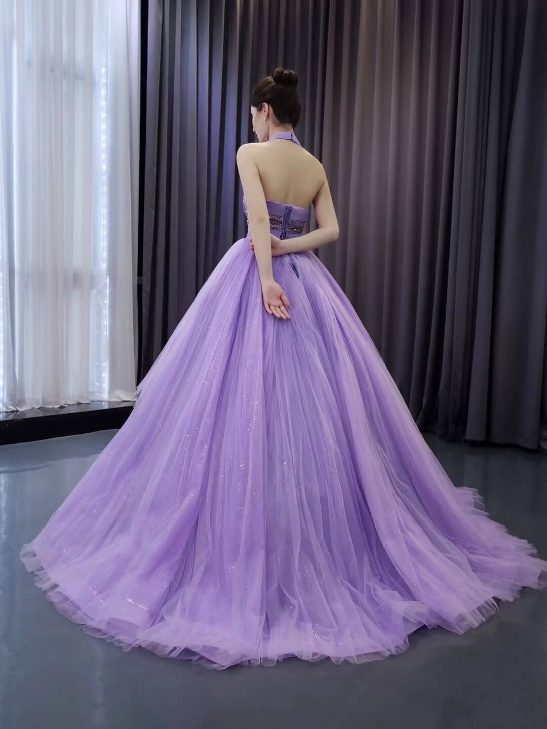 Lavender Sparkly Tiered Tulle Wedding Gown Halter Neck Quinceanera Dress 241111-Quinceanera Dresses 2025 -Viniodress-Lavender-Custom Size-
