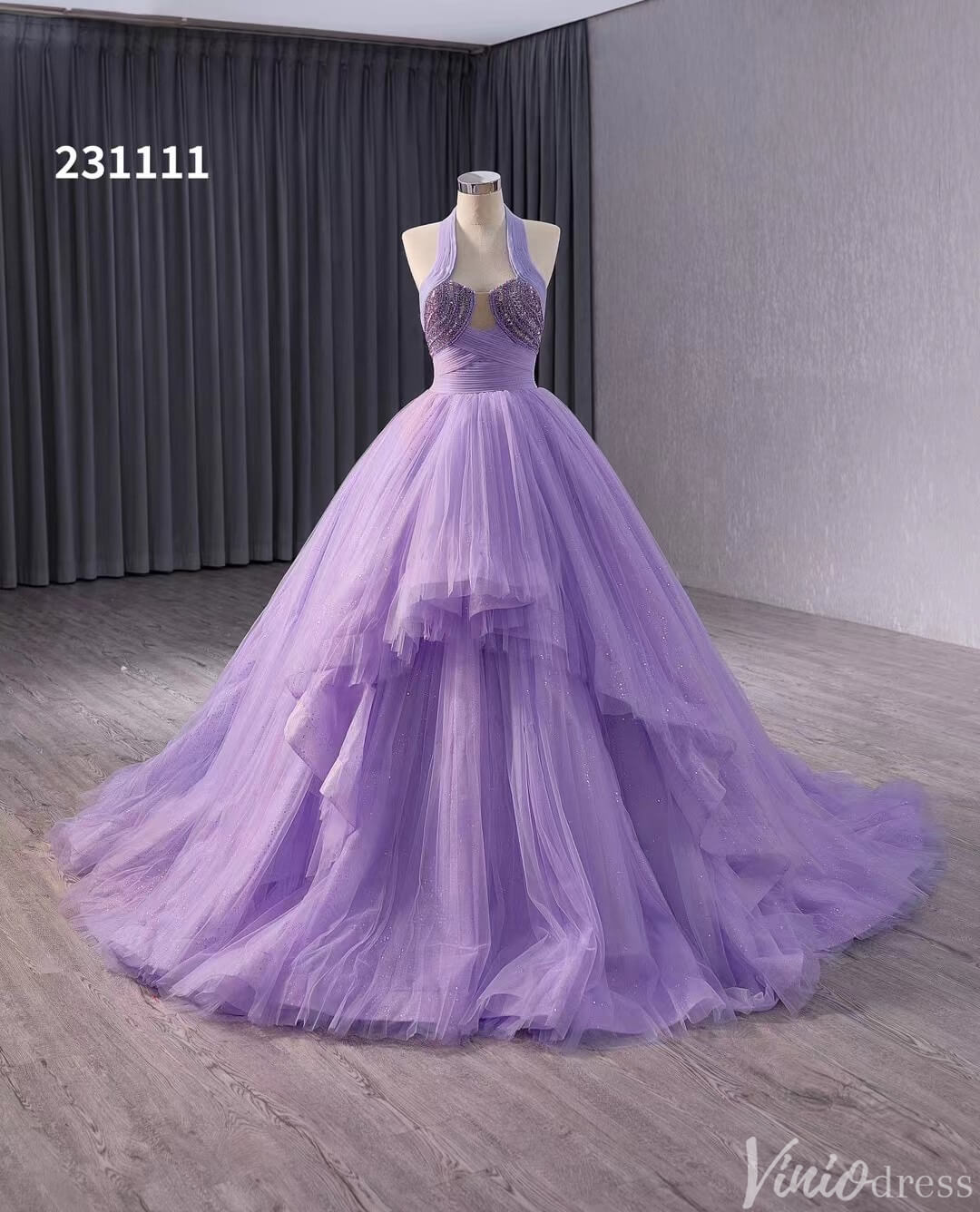 Lavender Sparkly Tiered Tulle Wedding Gown Halter Neck Quinceanera Dress 241111-Quinceanera Dresses 2025 -Viniodress-Lavender-Custom Size-