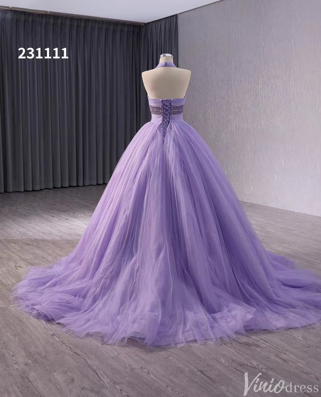 Lavender Sparkly Tiered Tulle Wedding Gown Halter Neck Quinceanera Dress 241111-Quinceanera Dresses-Viniodress-Viniodress