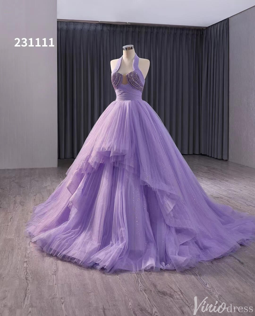 Lavender Sparkly Tiered Tulle Wedding Gown Halter Neck Quinceanera Dress 241111-Quinceanera Dresses-Viniodress-Viniodress