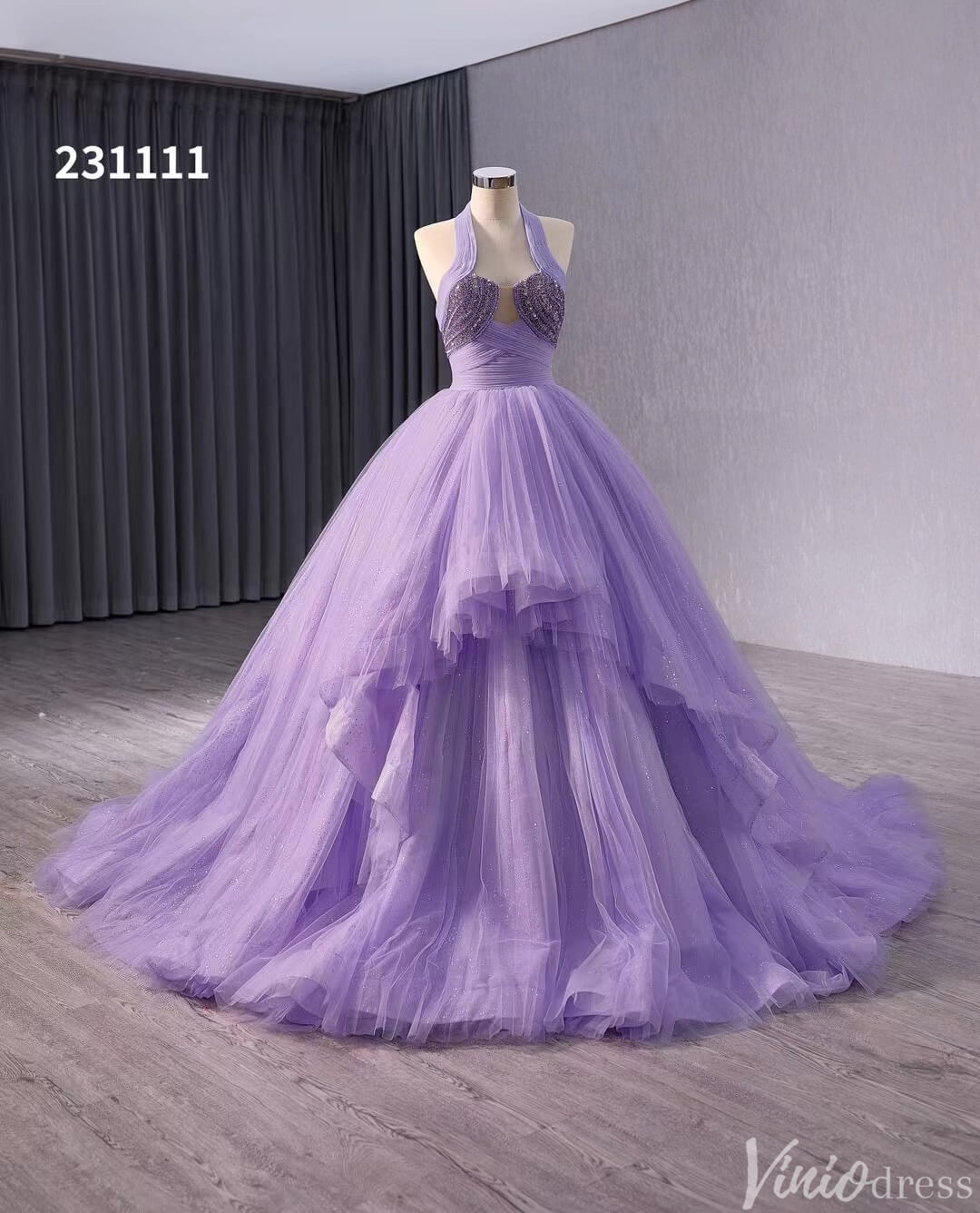 Lavender Sparkly Tiered Tulle Wedding Gown Halter Neck Quinceanera Dress 241111-Quinceanera Dresses-Viniodress-Viniodress