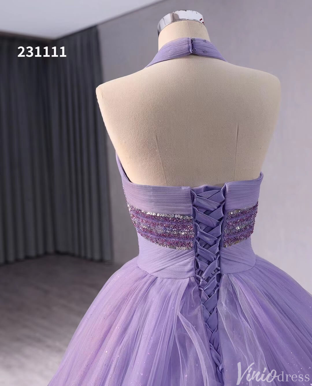 Lavender Sparkly Tiered Tulle Wedding Gown Halter Neck Quinceanera Dress 241111-Quinceanera Dresses-Viniodress-Viniodress