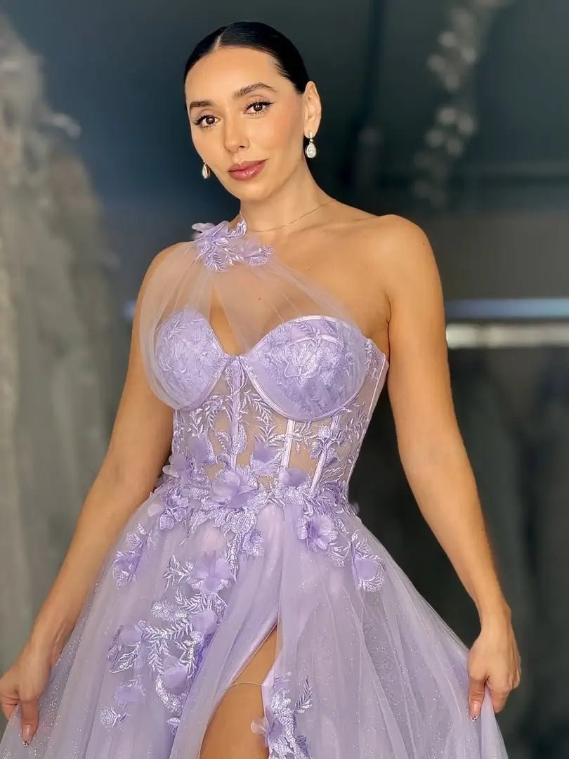 Lavender Sparkly Tulle Prom Dress with Lace Bodice, One Shoulder & Sli Viniodress Lavender Sparkly Tulle Prom Dress with Lace Bodice, One Shoulder & Sli Viniodress