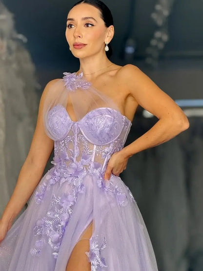 Lavender Sparkly Tulle Prom Dress with Lace Bodice, One Shoulder & Slit - FD6094-prom dresses 2025 -Viniodress-Lavender-Custom Size-