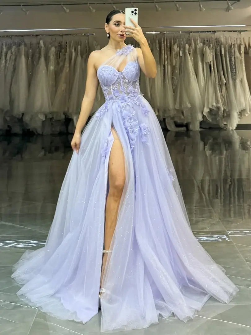 prom dresses 2025-to impress Lavender Sparkly Tulle Prom Dress with Lace Bodice, One Shoulder & Slit - FD6094-plus size wedding dresses Viniodress-Lavender-Custom Size-