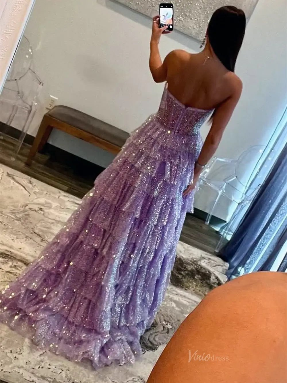Lavender Sparkly Tulle Prom Dresses 2025 Ruffled Strapless Formal Gown with Slit FD3727-prom dresses 2025 -Viniodress-Lavender-Custom Size-