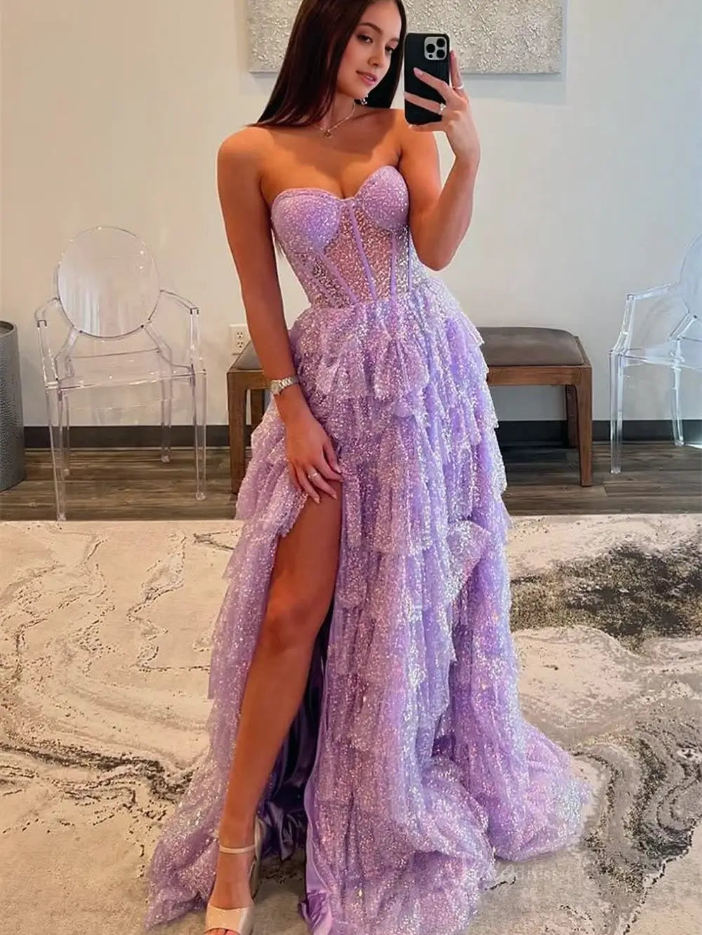 prom dresses 2025-to impress Lavender Sparkly Tulle Prom Dresses 2025 Ruffled Strapless Formal Gown with Slit FD3727-plus size wedding dresses Viniodress-Lavender-Custom Size-