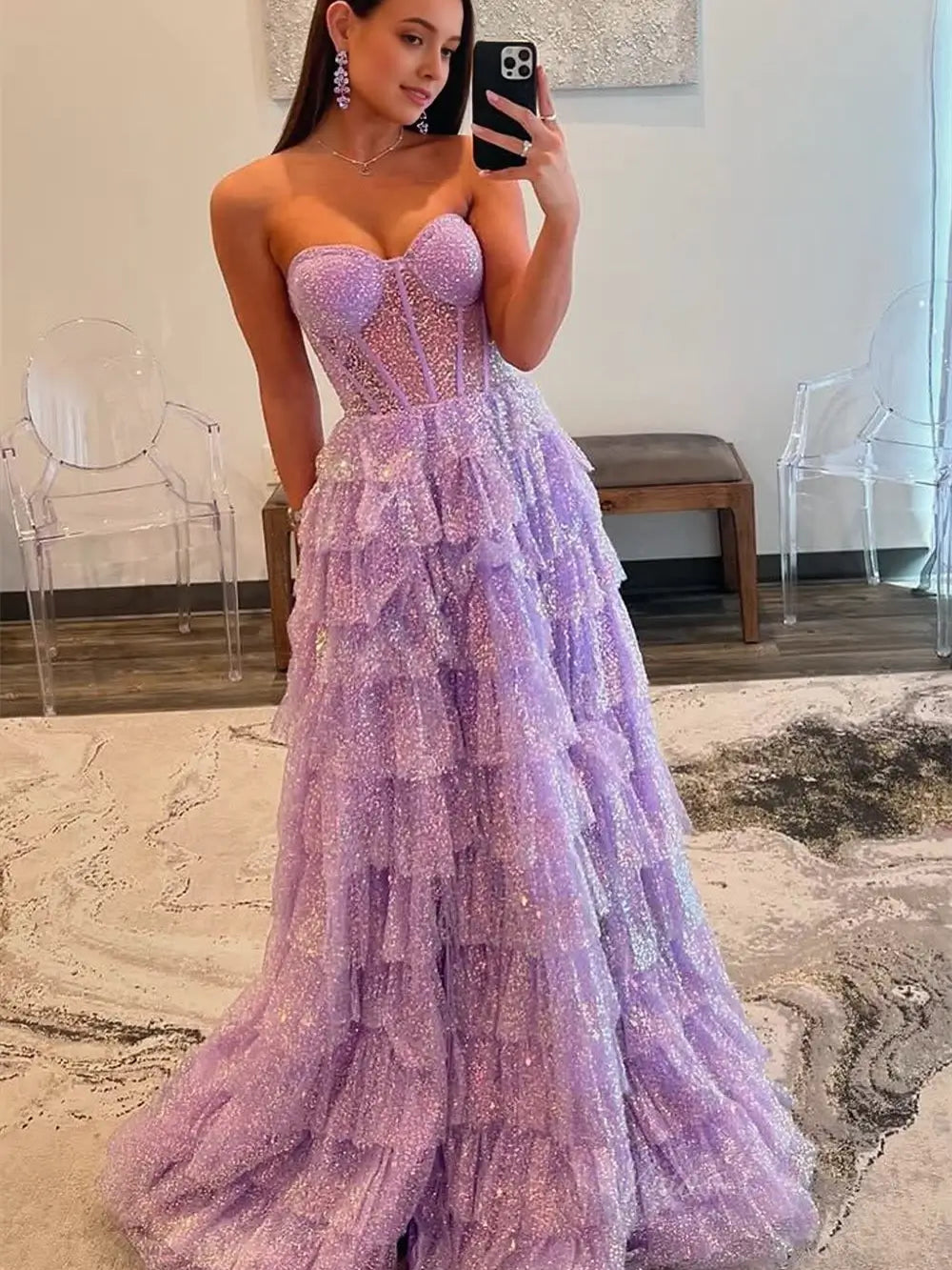 prom dresses 2025-to impress Lavender Sparkly Tulle Prom Dresses 2025 Ruffled Strapless Formal Gown with Slit FD3727-plus size wedding dresses Viniodress-Lavender-Custom Size-