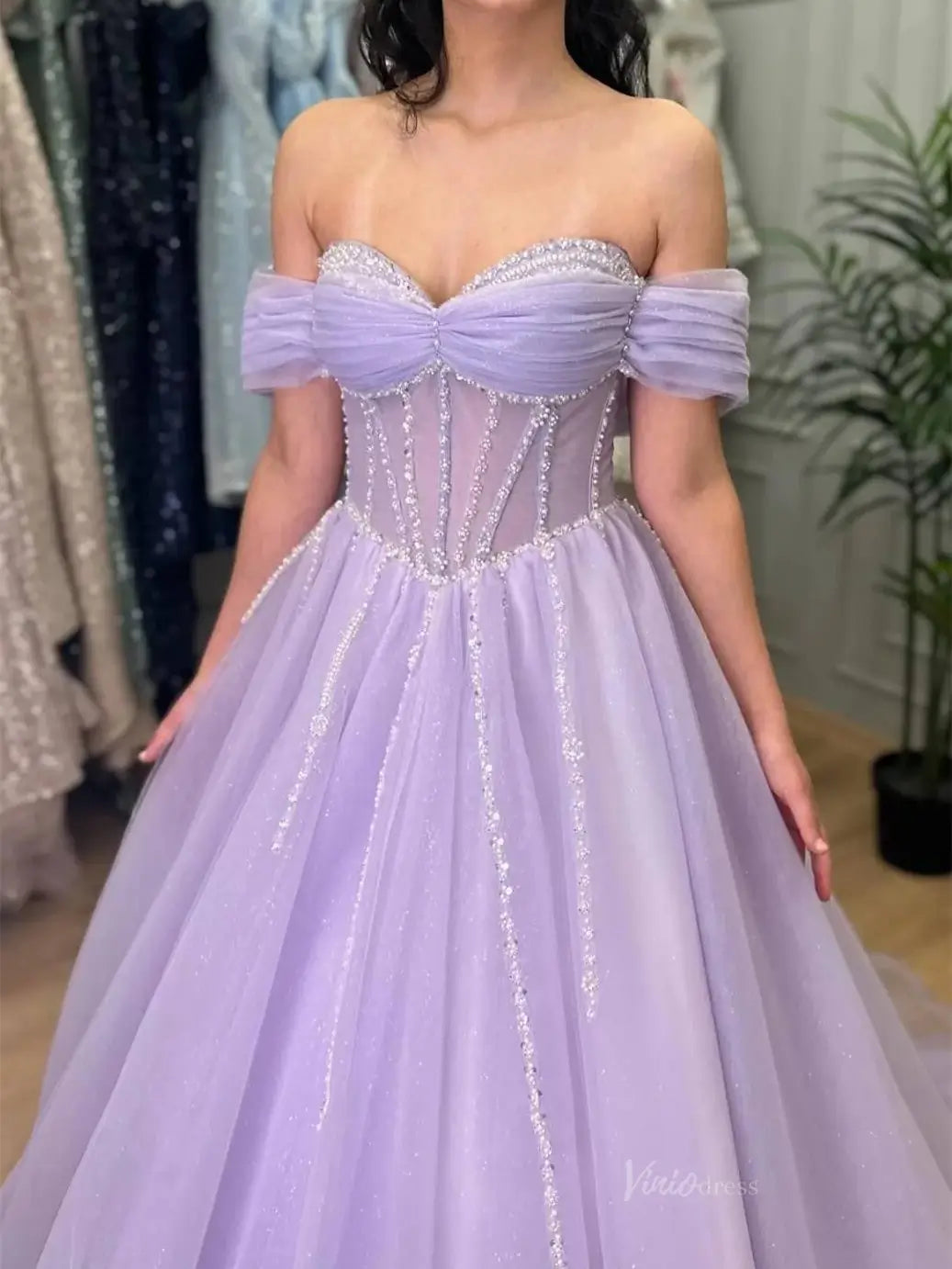 Lavender Sparkly Tulle Prom Dresses with Beaded Sweetheart Neck - FD5141-prom dresses 2025 -Viniodress-Lavender-Custom Size-