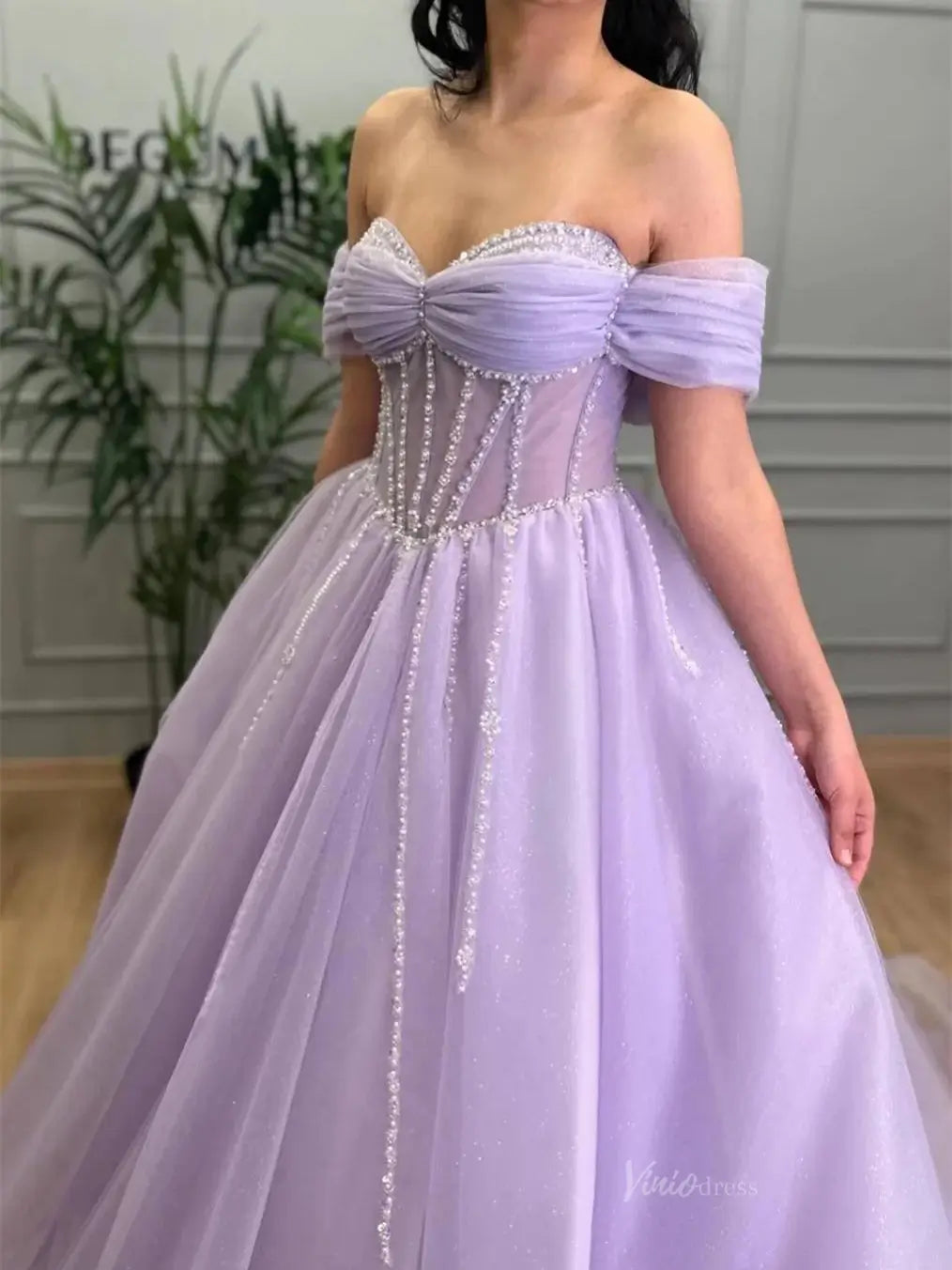 Lavender Sparkly Tulle Prom Dresses with Beaded Sweetheart Neck - FD5141-prom dresses 2025 -Viniodress-Lavender-Custom Size-