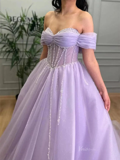 Lavender Sparkly Tulle Prom Dresses with Beaded Sweetheart Neck - FD5141-prom dresses 2025 -Viniodress-Lavender-Custom Size-