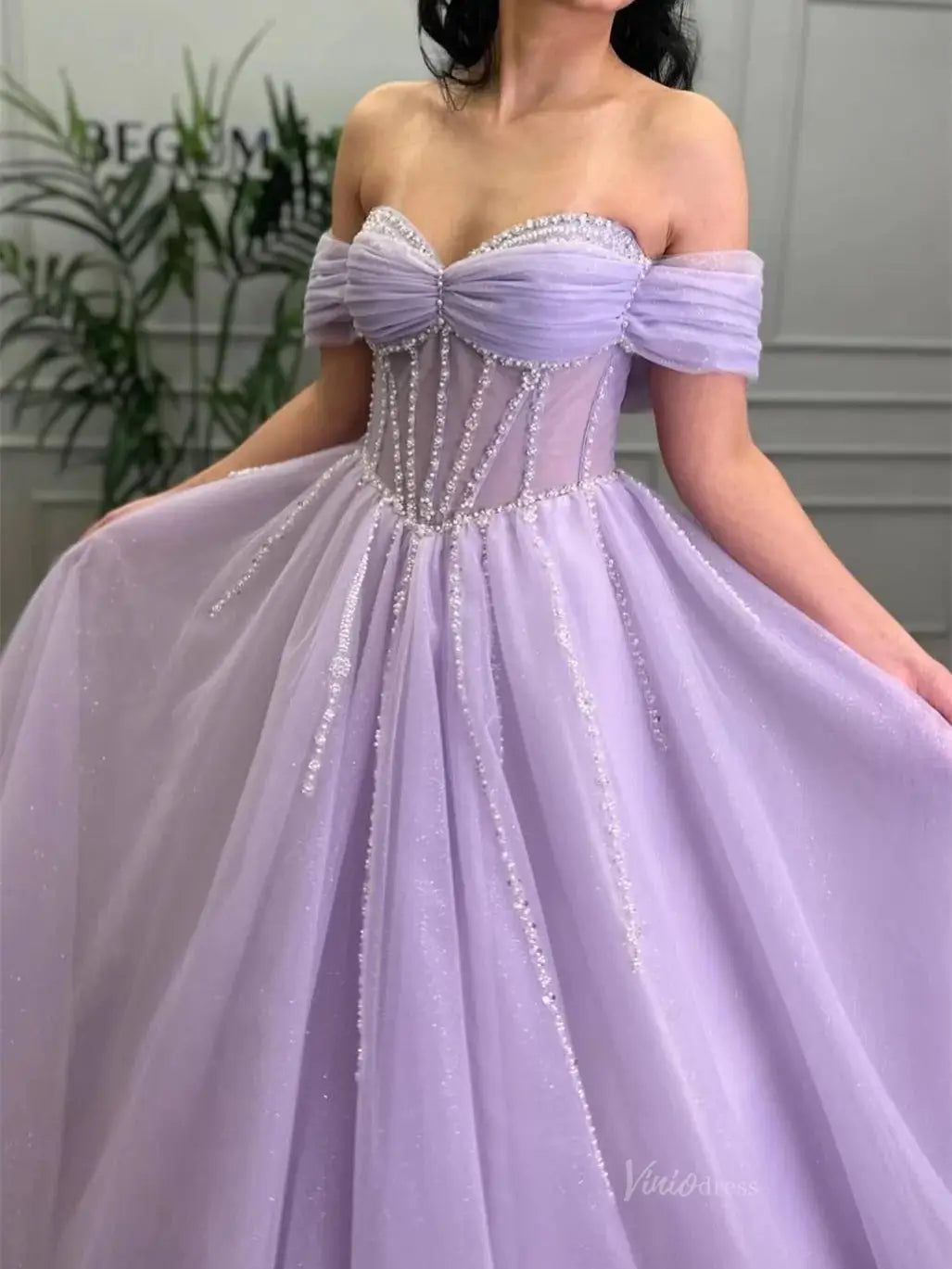 Lavender Sparkly Tulle Prom Dresses with Beaded Sweetheart Neck - FD5141-prom dresses 2025 -Viniodress-Lavender-Custom Size-