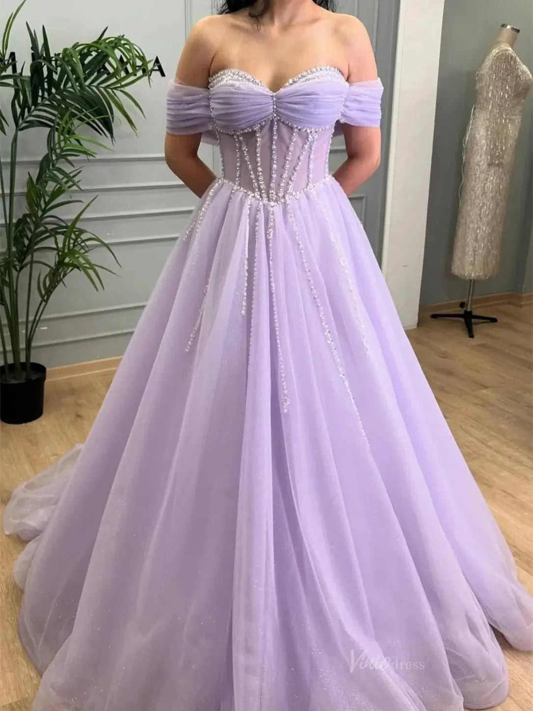Lavender Sparkly Tulle Prom Dresses with Beaded Sweetheart Neck - FD5141-prom dresses 2025 -Viniodress-Lavender-Custom Size-