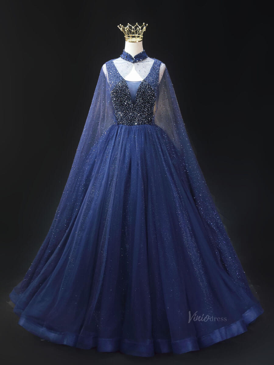 Lavender Sparkly Tulle Prom Dresses with Cape Sleeve, Beaded Bodice, High Neck, Quinceanera Dresses SU020-prom dresses 2025 -Viniodress-Dark Blue-Custom Size-