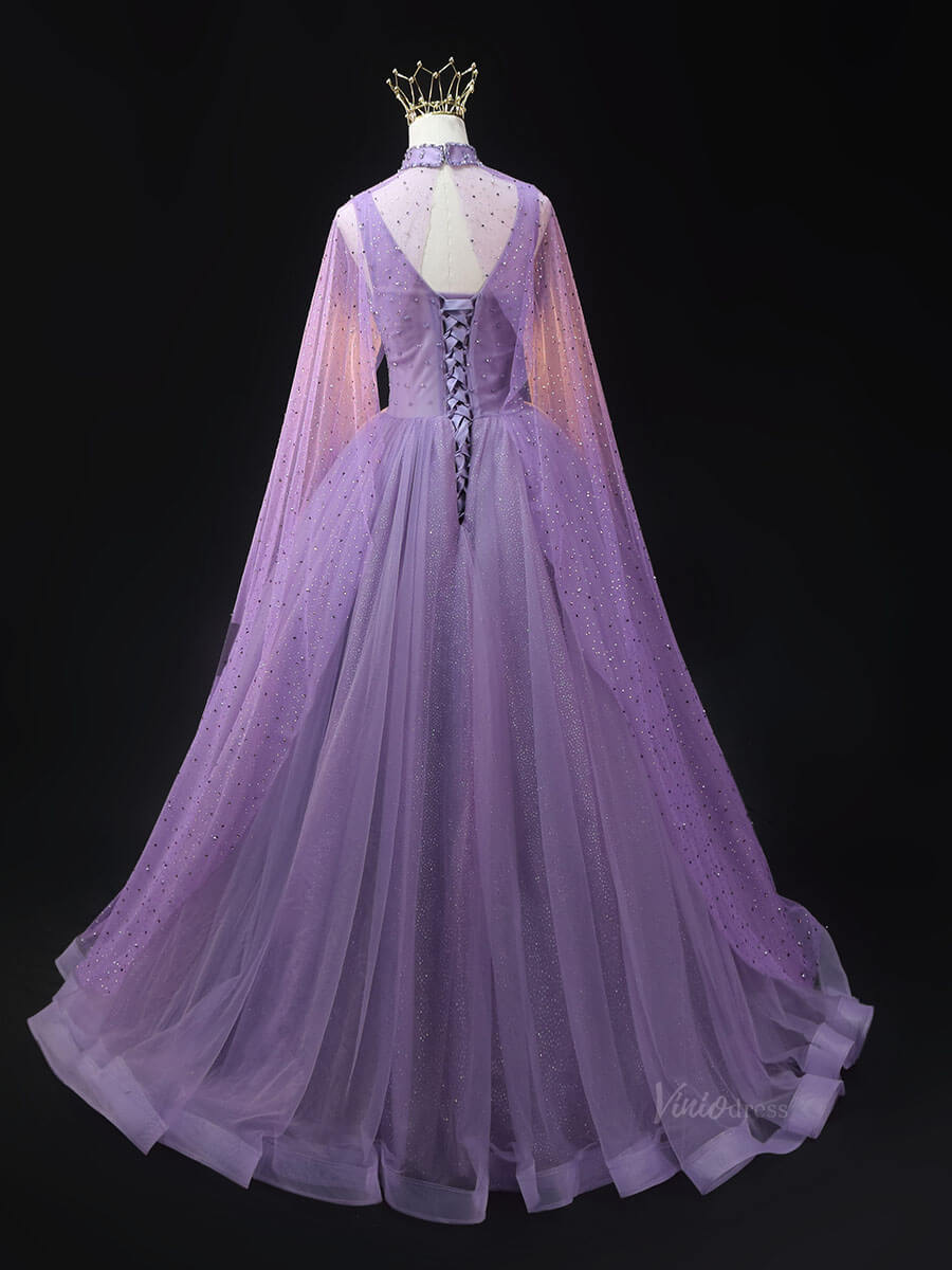 Lavender Sparkly Tulle Prom Dresses with Cape Sleeve, Beaded Bodice, High Neck, Quinceanera Dresses SU020-prom dresses 2025 -Viniodress-Lavender-Custom Size-