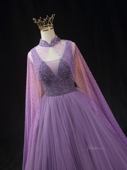 Lavender Sparkly Tulle Prom Dresses with Cape Sleeve, Beaded Bodice, High Neck, Quinceanera Dresses SU020-prom dresses 2025 -Viniodress-Lavender-Custom Size-