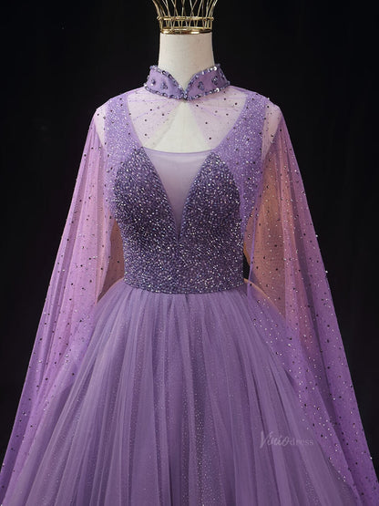 Lavender Sparkly Tulle Prom Dresses with Cape Sleeve, Beaded Bodice, High Neck, Quinceanera Dresses SU020-prom dresses 2025 -Viniodress-Lavender-Custom Size-