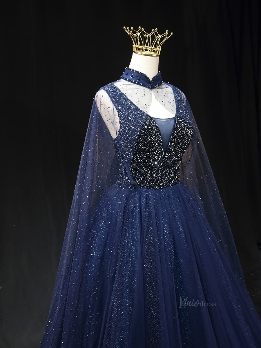 Lavender Sparkly Tulle Prom Dresses with Cape Sleeve, Beaded Bodice, High Neck, Quinceanera Dresses SU020-prom dresses 2025 -Viniodress-Lavender-Custom Size-