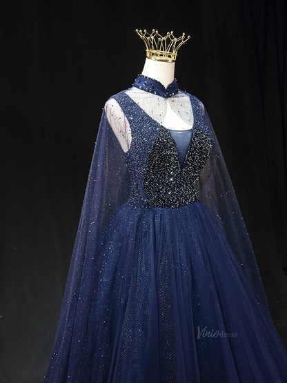 Lavender Sparkly Tulle Prom Dresses with Cape Sleeve, Beaded Bodice, High Neck, Quinceanera Dresses SU020-prom dresses 2025 -Viniodress-Lavender-Custom Size-