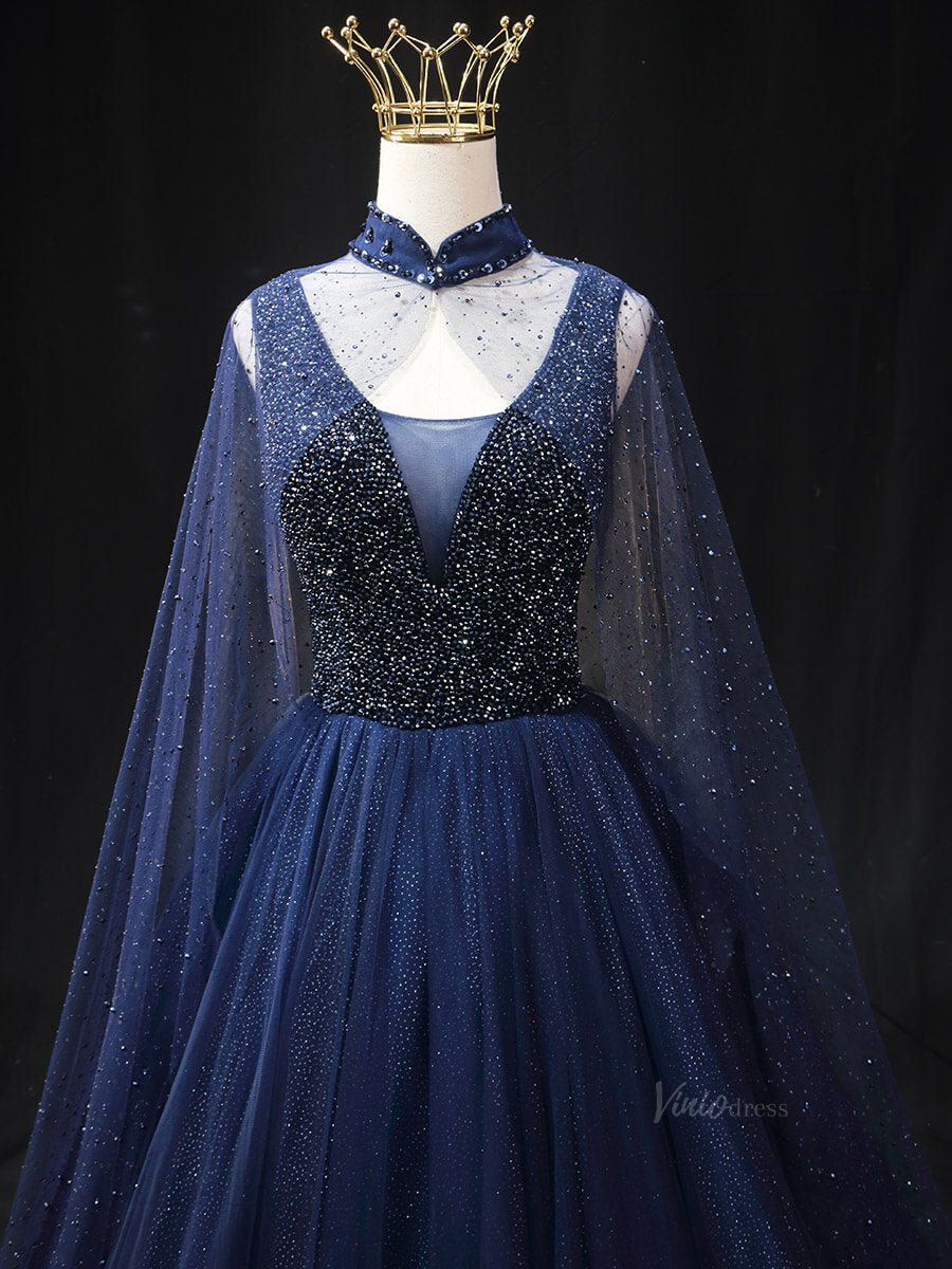 Lavender Sparkly Tulle Prom Dresses with Cape Sleeve, Beaded Bodice, High Neck, Quinceanera Dresses SU020-prom dresses 2025 -Viniodress-Lavender-Custom Size-
