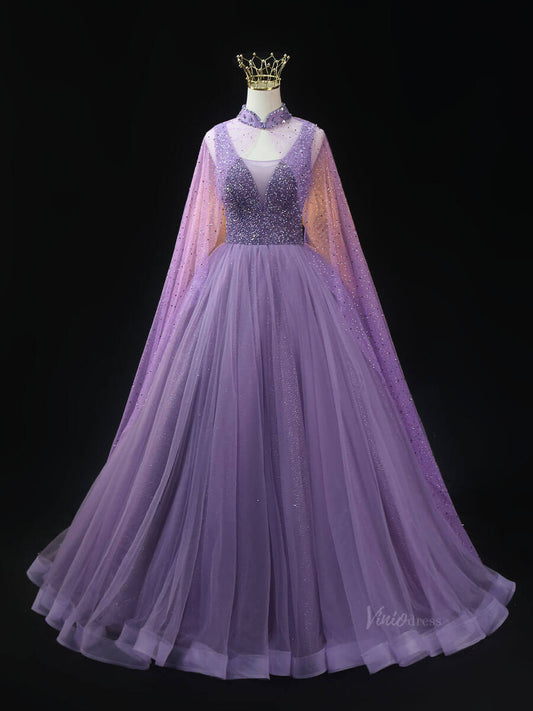 Lavender Sparkly Tulle Prom Dresses with Cape Sleeve, Beaded Bodice, High Neck, Quinceanera Dresses SU020 - Viniodressprom dressesLavenderCustom Size - Formal Dresses - Ball Gowns