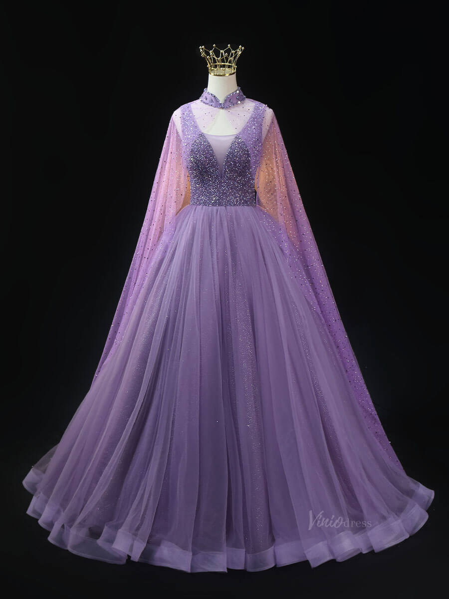 prom dresses 2025 Lavender Sparkly Tulle Prom Dresses with Cape Sleeve, Beaded Bodice, High Neck, Quinceanera Dresses SU020-plus size wedding dresses Viniodress-Lavender-Custom Size-