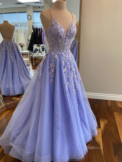 Lavender Sparkly Tulle Prom Dresses with Spaghetti Straps & V-Neck - F Viniodress Lavender Sparkly Tulle Prom Dresses with Spaghetti Straps & V-Neck - F Viniodress