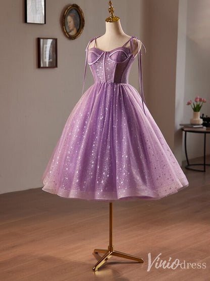 Lavender Starry Tulle Homecoming Dress Spaghetti Strap Back to School Dress 8024-prom dresses 2025 -Viniodress-Lavender-Custom Size-