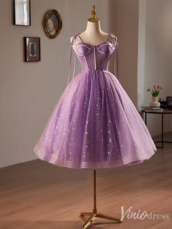 Lavender Starry Tulle Homecoming Dress Spaghetti Strap Back to School Dress 8024-prom dresses 2025 -Viniodress-Lavender-Custom Size-