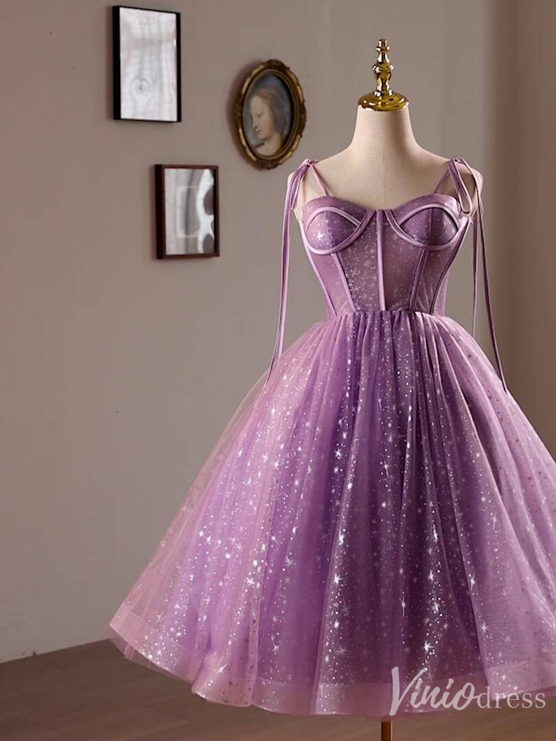 Lavender Starry Tulle Homecoming Dress Spaghetti Strap Back to School Dress 8024-prom dresses-Viniodress-Viniodress