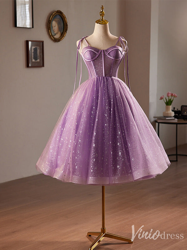 Lavender Starry Tulle Homecoming Dress Spaghetti Strap Back to School Dress 8024-prom dresses-Viniodress-Lavender-Custom Size-Viniodress