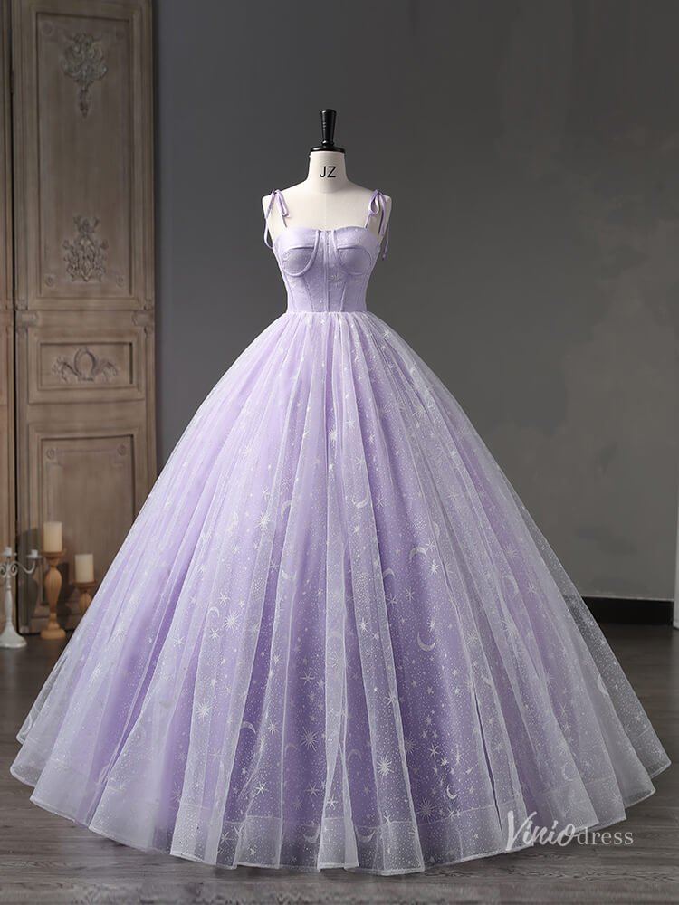 Lavender Starry Tulle Prom Ball Gown Spaghetti Strap Quinceanera Dresses BG058-prom dresses 2025 -Viniodress-Lavender-Custom Size-