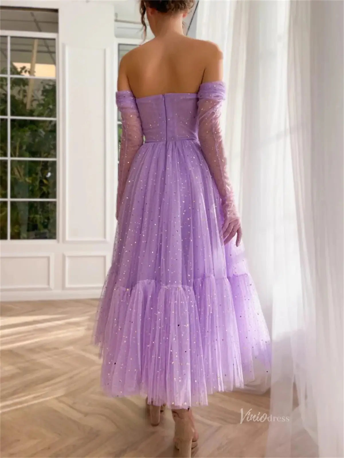 prom dresses 2025 Lavender Starry Tulle Prom Dresses with Sheer Gloves - TO0011-plus size wedding dresses Viniodress-Lavender-Custom Size-