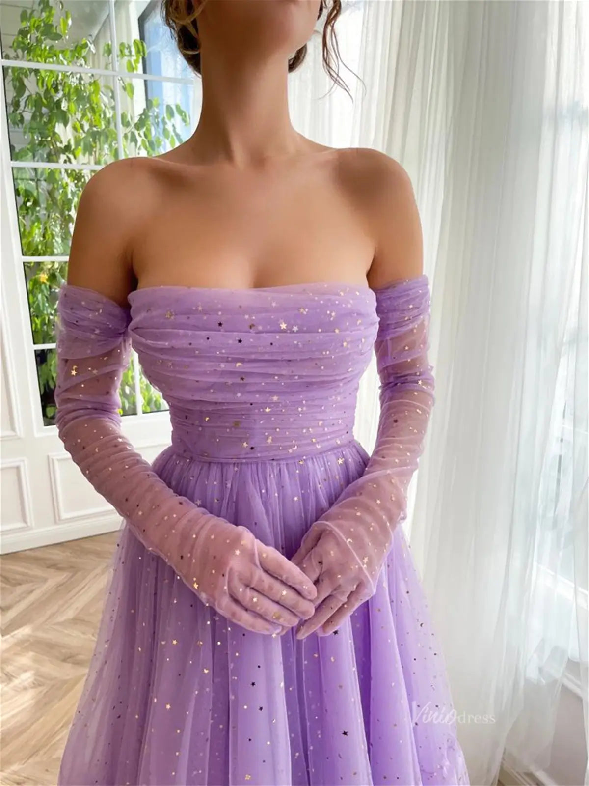 prom dresses 2025 Lavender Starry Tulle Prom Dresses with Sheer Gloves - TO0011-plus size wedding dresses Viniodress-Lavender-Custom Size-