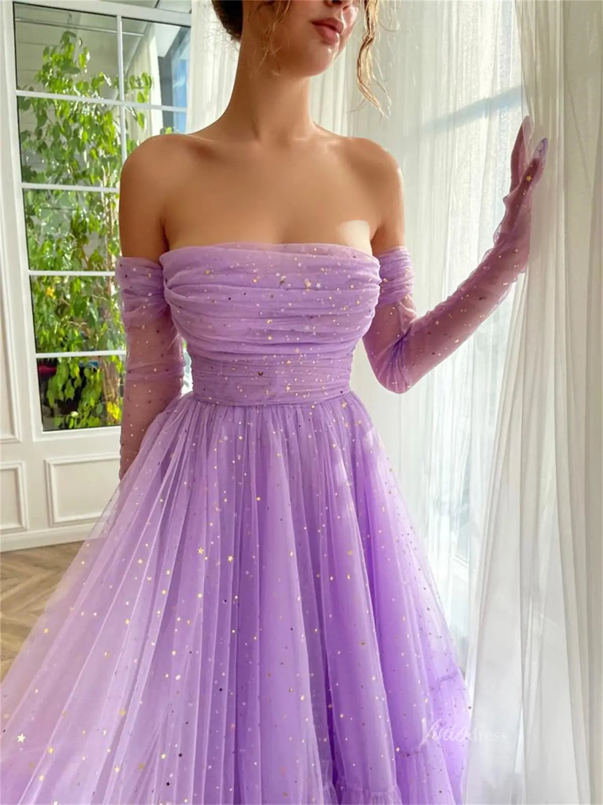 prom dresses 2025 Lavender Starry Tulle Prom Dresses with Sheer Gloves - TO0011-plus size wedding dresses Viniodress-Lavender-Custom Size-