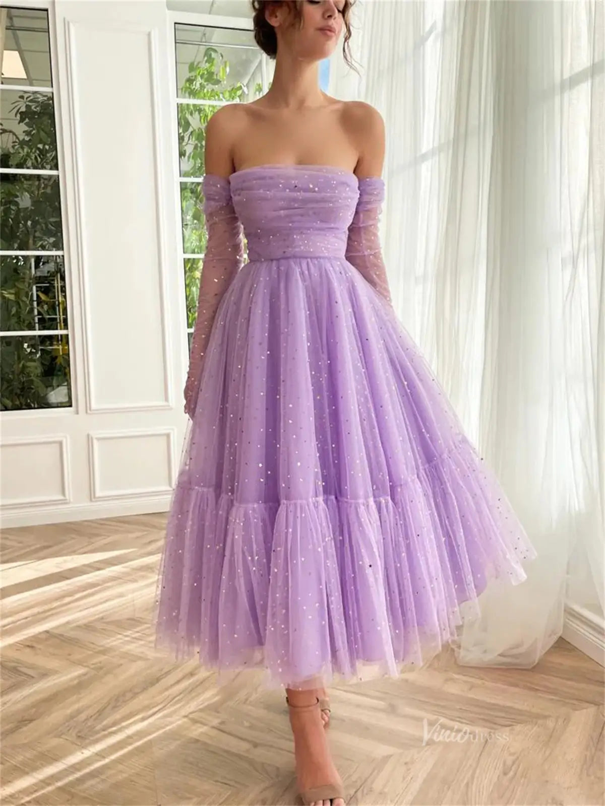 prom dresses 2025 Lavender Starry Tulle Prom Dresses with Sheer Gloves - TO0011-plus size wedding dresses Viniodress-Lavender-Custom Size-