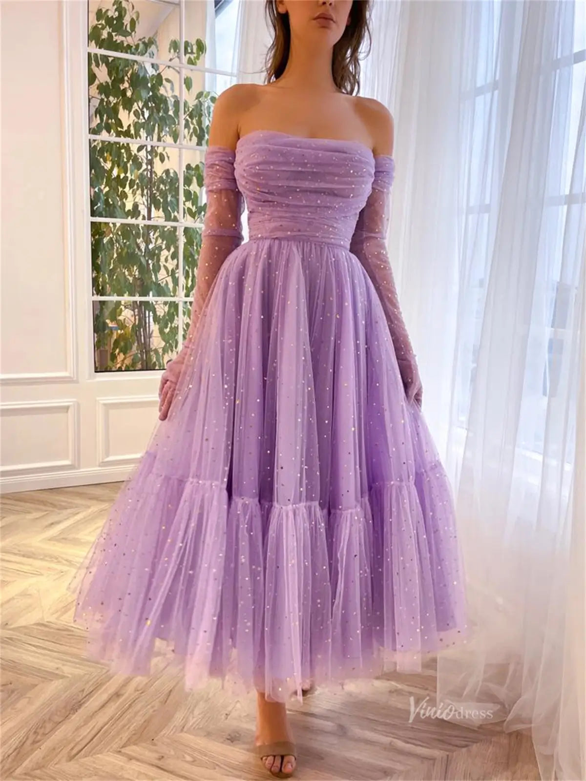 prom dresses 2025 Lavender Starry Tulle Prom Dresses with Sheer Gloves - TO0011-plus size wedding dresses Viniodress-Lavender-Custom Size-