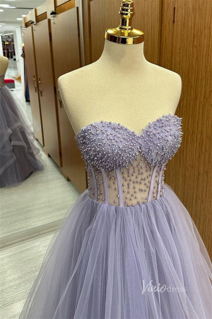 Lavender Strapless Beaded Sheer Prom Dresses Ruffled Tulle Formal Gown FD3986-prom dresses 2025 -Viniodress-Lavender-Custom Size-