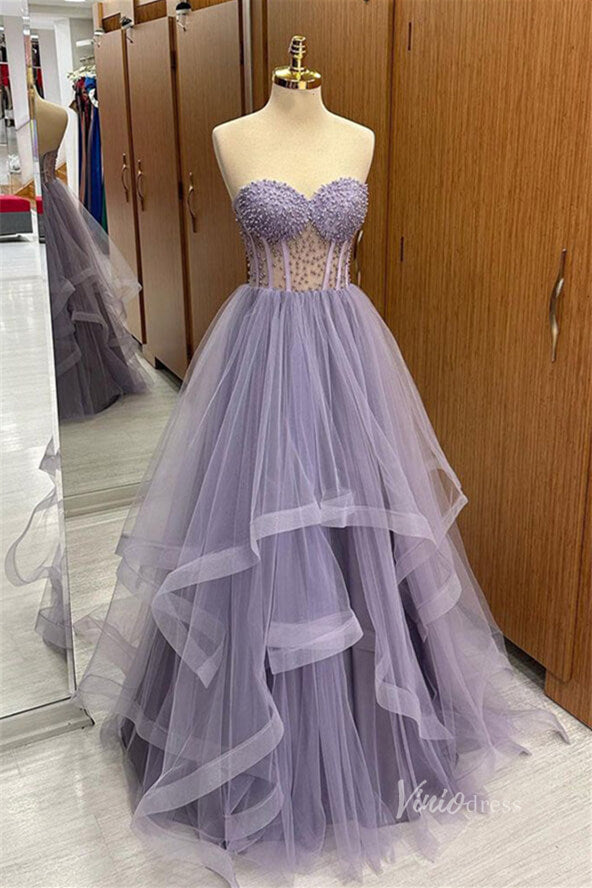 Lavender Strapless Beaded Sheer Prom Dresses Ruffled Tulle Formal Gown FD3986-prom dresses-Viniodress-Lavender-Custom Size-Viniodress