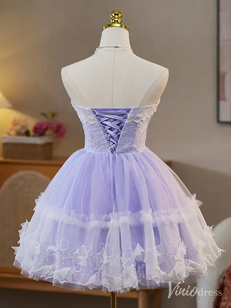Lavender Strapless Homecoming Dress with Lace Bodice and Ruffled Tulle Skirt – BJ080-prom dresses 2025 -Viniodress-Lavender-Custom Size-