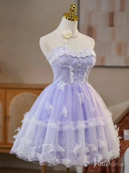 Lavender Strapless Homecoming Dress with Lace Bodice and Ruffled Tulle Skirt – BJ080-prom dresses 2025 -Viniodress-Lavender-Custom Size-