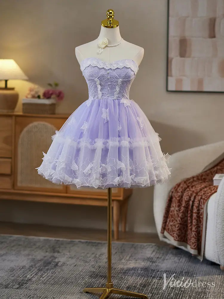Lavender Strapless Homecoming Dress with Lace Bodice and Ruffled Tulle Skirt – BJ080-prom dresses 2025 -Viniodress-Lavender-Custom Size-