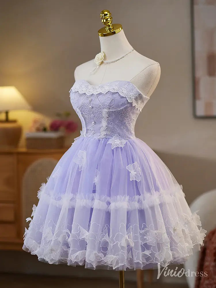 Lavender Strapless Homecoming Dress with Lace Bodice and Ruffled Tulle Skirt – BJ080-prom dresses 2025 -Viniodress-Lavender-Custom Size-