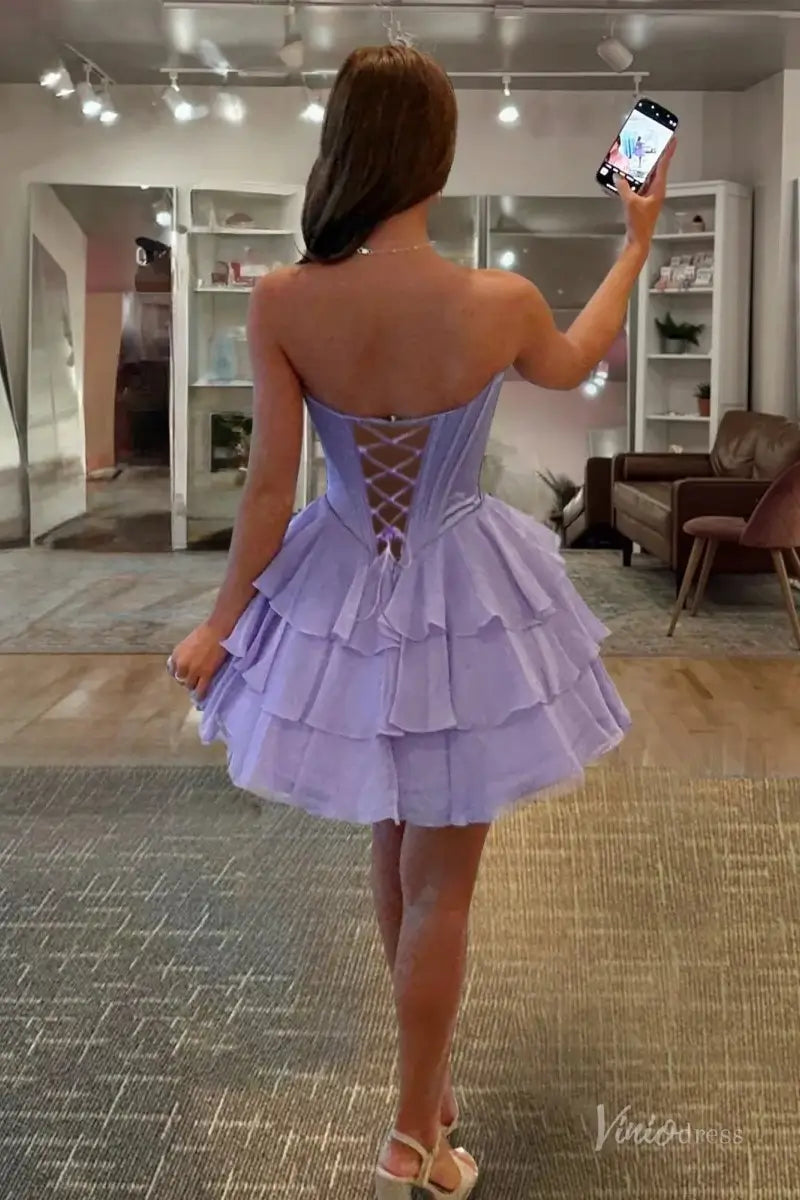 Lavender Strapless Homecoming Dress with Lace Sweetheart Neckline, Corset Bodice & Tiered Ruffle Skirt – H1444-prom dresses 2025 -Viniodress-Lavender-Custom Size-