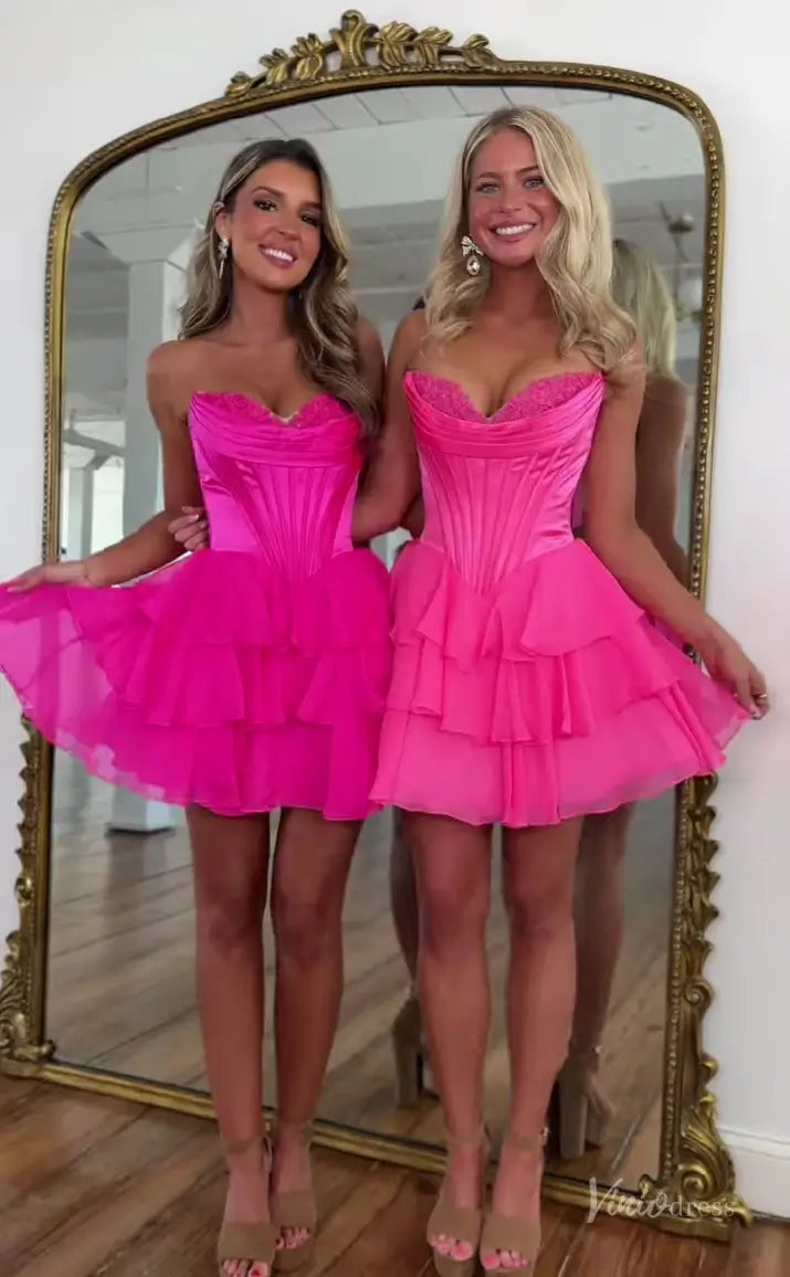 Lavender Strapless Homecoming Dress with Lace Sweetheart Neckline, Corset Bodice & Tiered Ruffle Skirt – H1444-prom dresses 2025 -Viniodress-Lavender-Custom Size-