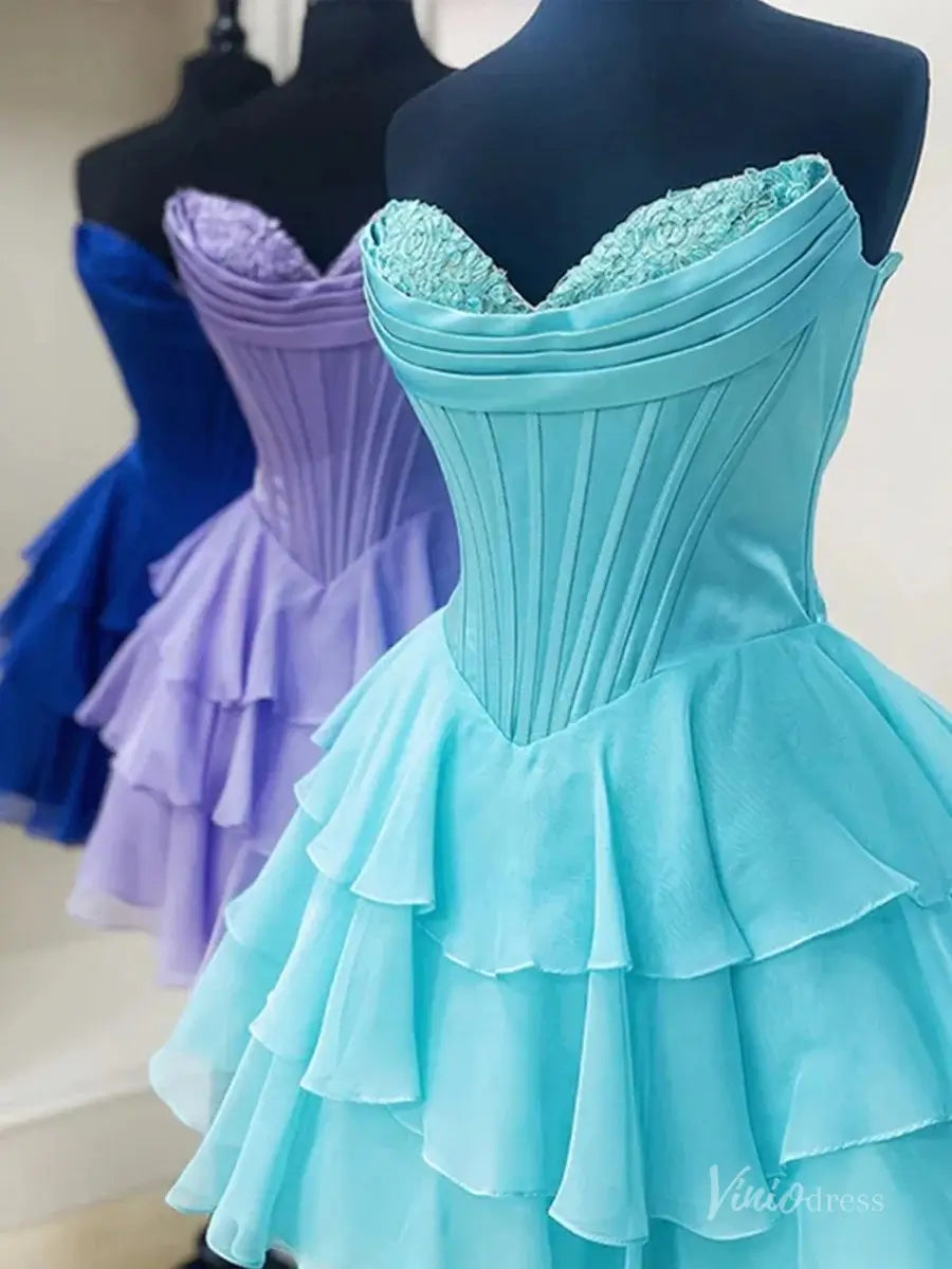 Lavender Strapless Homecoming Dress with Lace Sweetheart Neckline, Corset Bodice & Tiered Ruffle Skirt – H1444-prom dresses 2025 -Viniodress-Lavender-Custom Size-