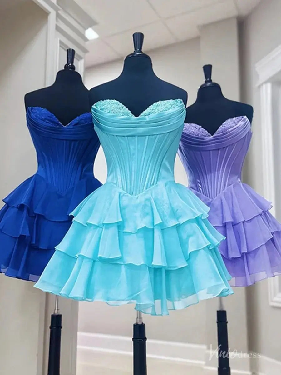 Lavender Strapless Homecoming Dress with Lace Sweetheart Neckline, Corset Bodice & Tiered Ruffle Skirt – H1444-prom dresses 2025 -Viniodress-Lavender-Custom Size-