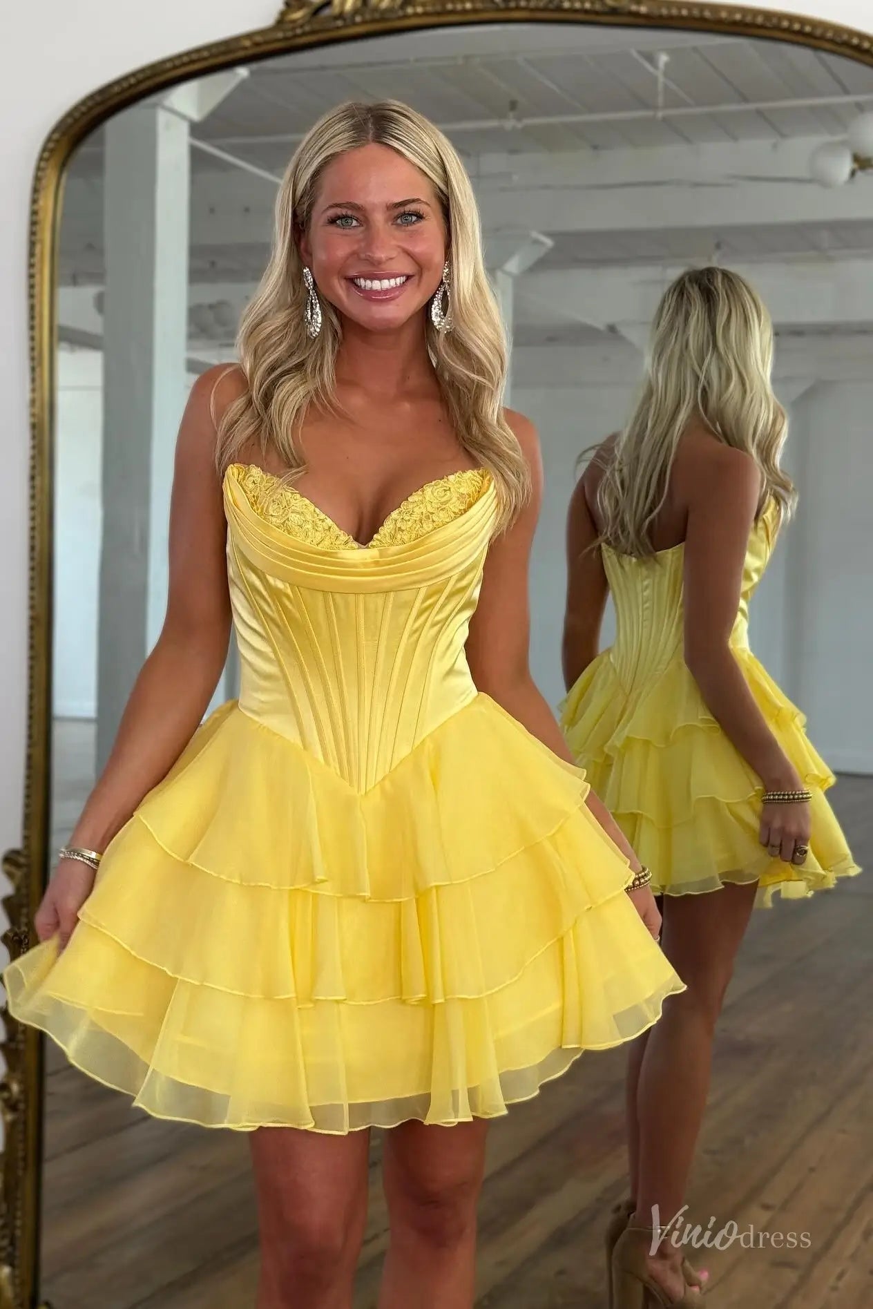 Lavender Strapless Homecoming Dress with Lace Sweetheart Neckline, Corset Bodice & Tiered Ruffle Skirt – H1444-prom dresses 2025 -Viniodress-Yellow-Custom Size-