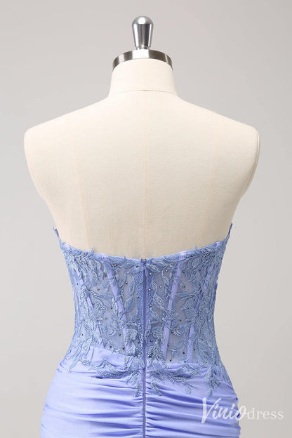 Lavender Strapless Lace Applique Homecoming Dresses Ruched Satin Bodycon Dress S24004-prom dresses 2025 -Viniodress-Lavender-Custom Size-